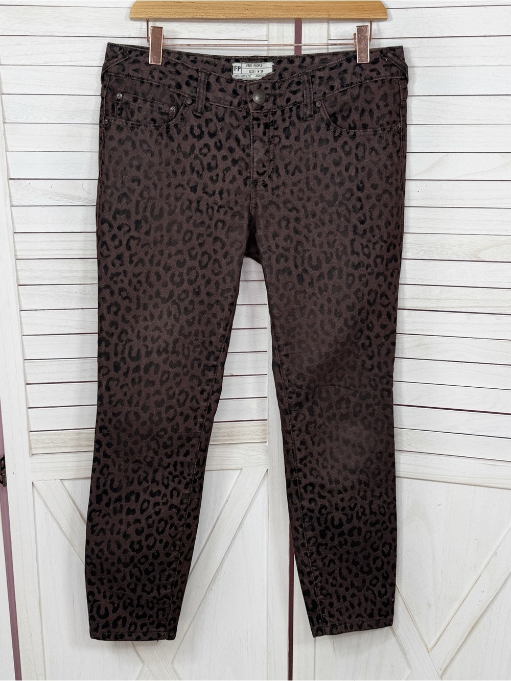 Free People Leopard Print Mid Rise Skinny Jeans Brown Black Size 29 Boho Y2K
